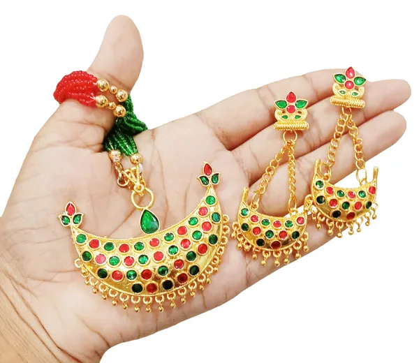 Assamese_Traditional_Red_Green_Colour_Joonbiri_Tassel_Jewellery_Set_For_Women_&_Girl
